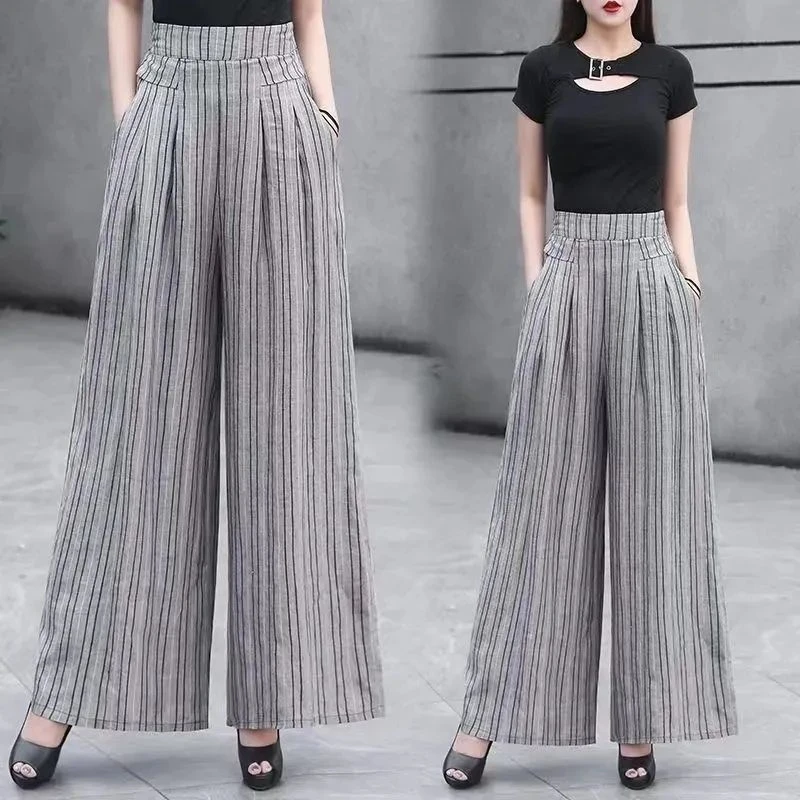 春夏新款款亚麻条纹洋气阔腿裤女高腰宽松显瘦松紧腰麻料休闲裤子