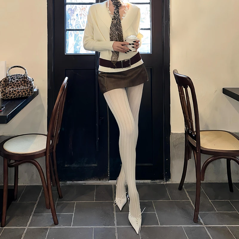 纯色小众复古连裤袜个性白色立体竖条纹爱心提花打底袜