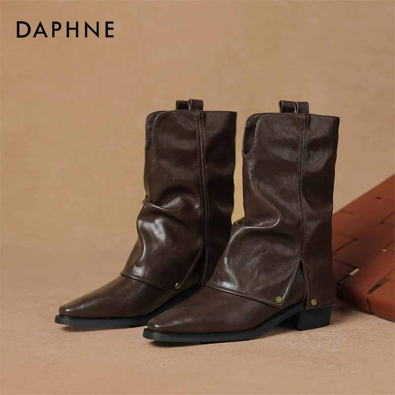 达芙妮尖头堆堆靴女2025新款加绒短靴厚底裤管靴中筒马丁靴瘦瘦靴