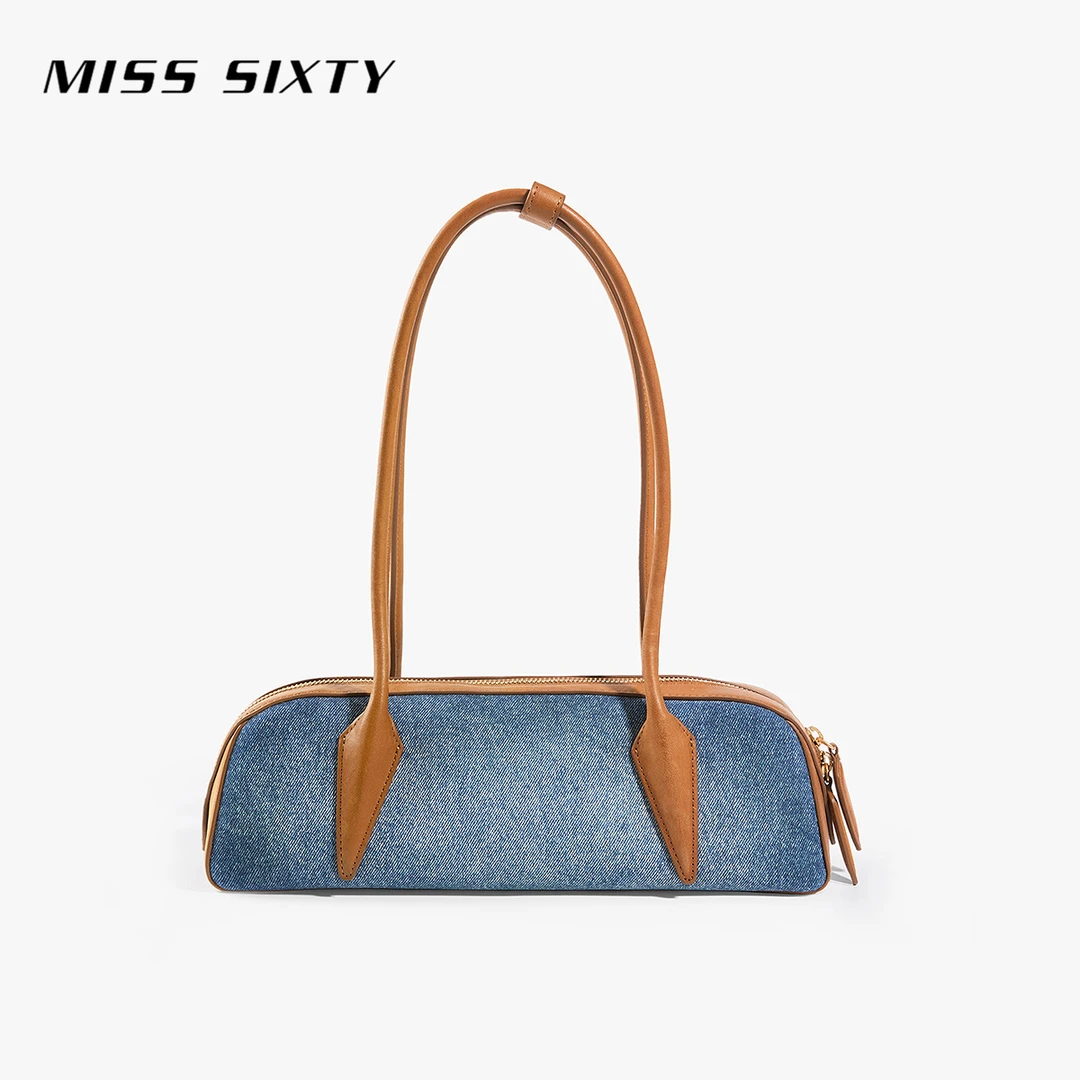 Miss Sixty2025秋季新款包包女牛仔拼接皮革法棍包单肩包腋下包