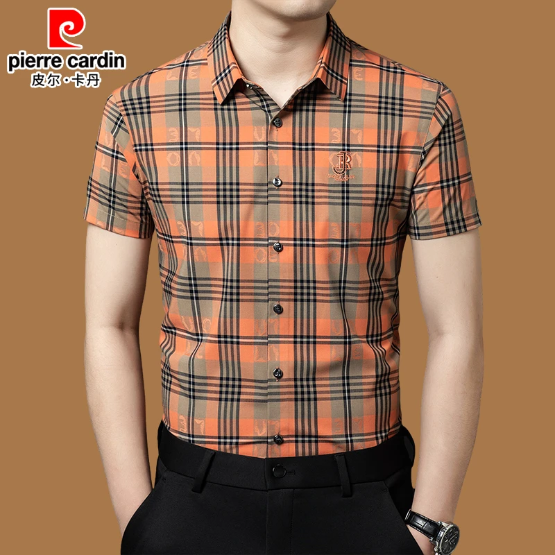 皮尔卡丹正品男士短袖衬衫2025新款男士高档抗皱时尚轻奢格子衬衣