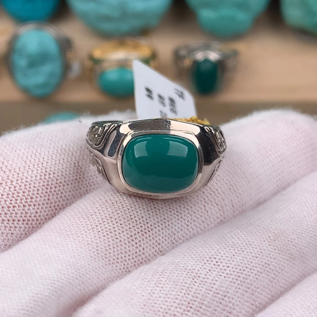 绿松石配饰银S925镶嵌男戒可调节