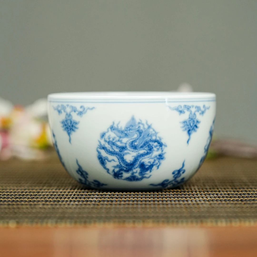 【小乔赏瓷】 望月怀古景德镇手工手绘青花团龙缸杯wyhg171.