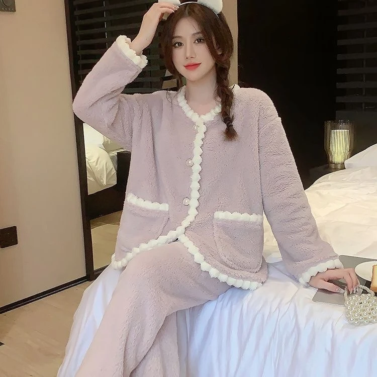 超软糯花边小香风女舒眠绒秋冬季加绒甜美睡衣家居服套装QD22357
