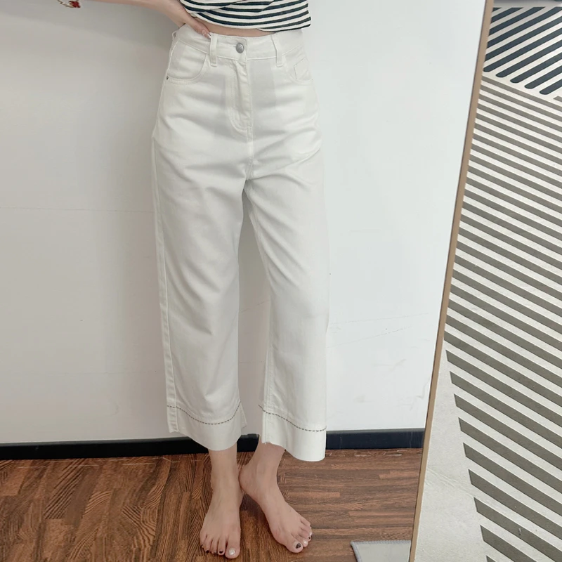 白色三防阔腿九分牛仔裤女2025秋季高腰宽松显瘦百搭直筒烟管裤子