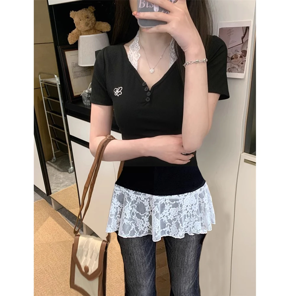 纯欲蕾丝挂脖真两件挂脖短袖T恤上衣2025夏季新款设计感两件套装
