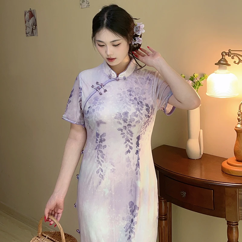 紫嫣【自制款】优雅紫藤花显白网纱弹力新中式旗袍大码胖mm绝美裙