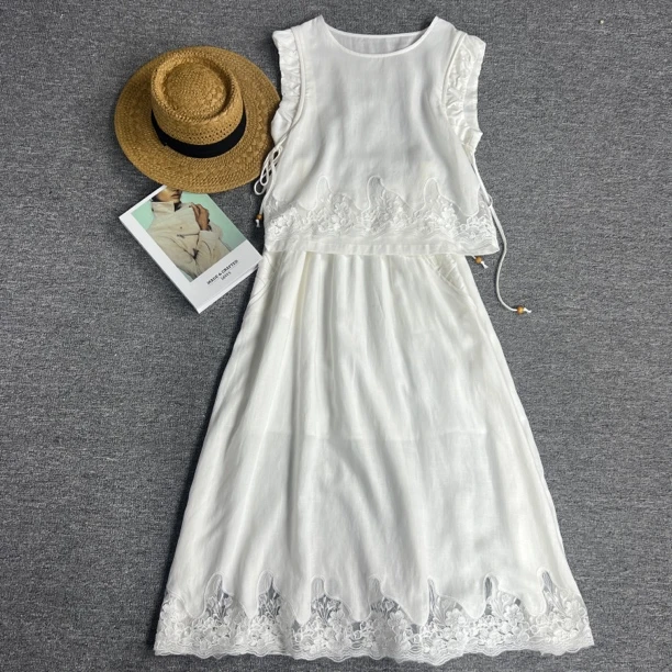 2025夏季新款时尚静奢休闲重工绣花提花拼接上衣女装套装F871