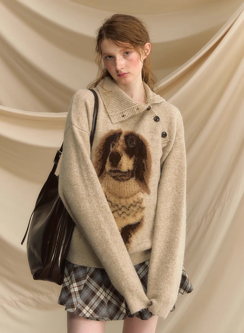 早安小腊肠套头毛衣女秋冬小狗复古宽松慵懒风外穿针织衫毛衣