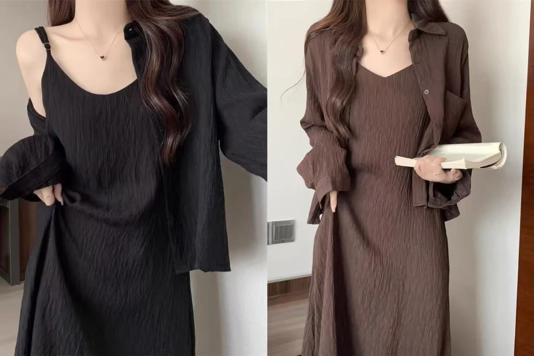 气质吊带裙连衣裙宽松设计显瘦中长款春秋打底裙两件套大码