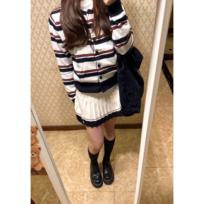 复古撞色条纹针织开衫女2025早秋季新款小个子慵懒风短款毛衣外套