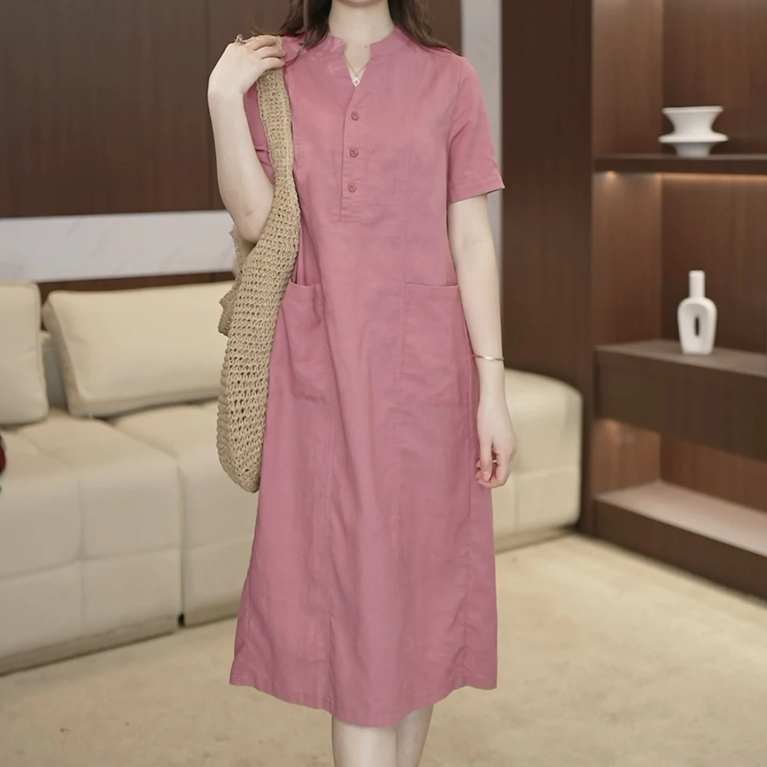 【懒女人必备】夏季短袖宽松文艺复古大码胖MM亚麻连衣裙过膝3071