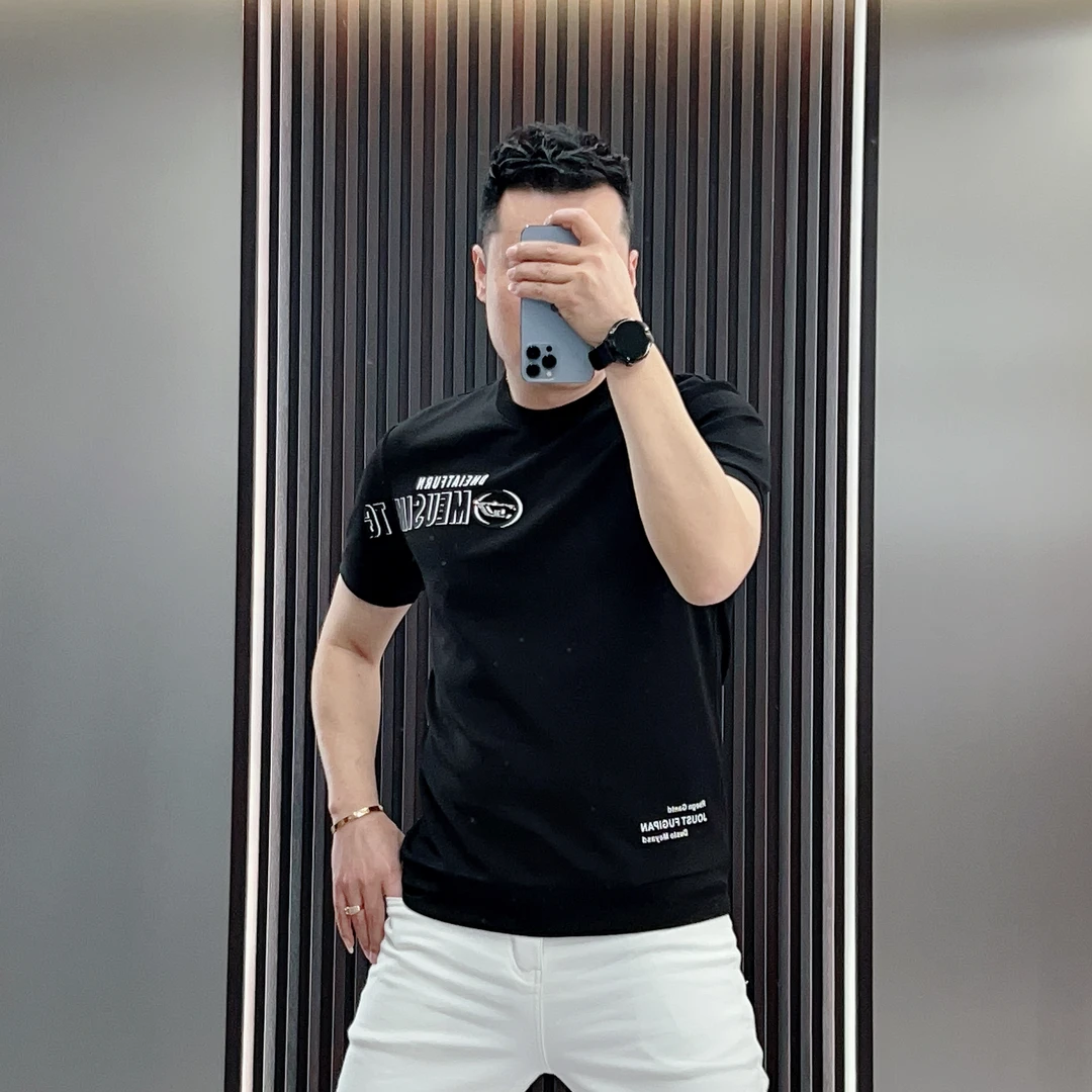 新款2025年夏季百搭轻奢百搭休闲舒适高品质修身男士印花圆领短袖