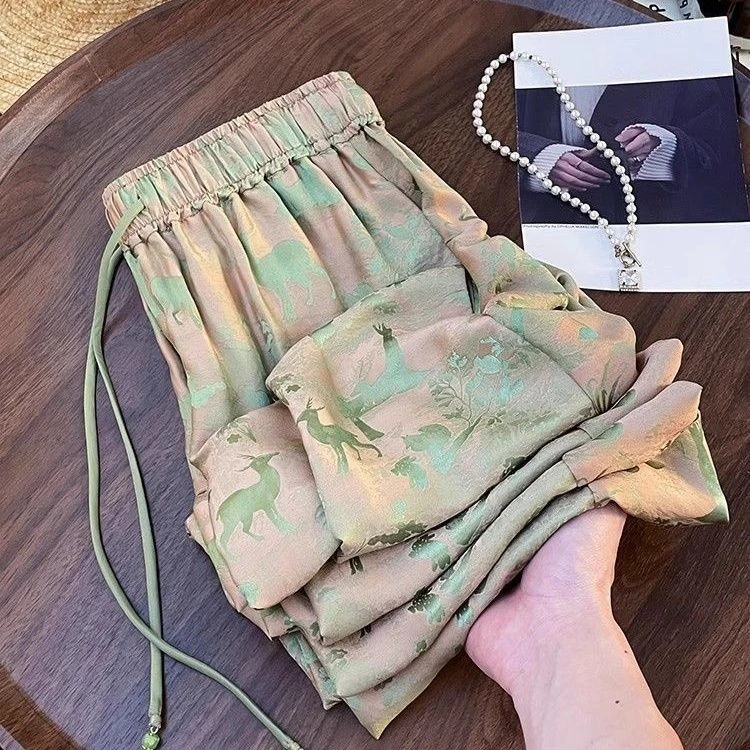 2025复古风加绒阔腿裤到斤夏季薄款女新中式印花休闲束脚裤聚酯