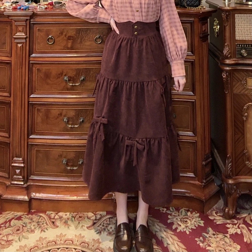 专场现货【一生罗曼】复古气质蝴蝶结后腰松紧A字半身裙B869