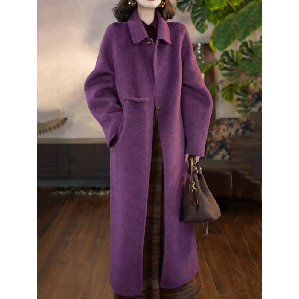 气质优雅紫色长款毛呢外套女2025秋季新款时尚高级感遮肉显瘦大衣