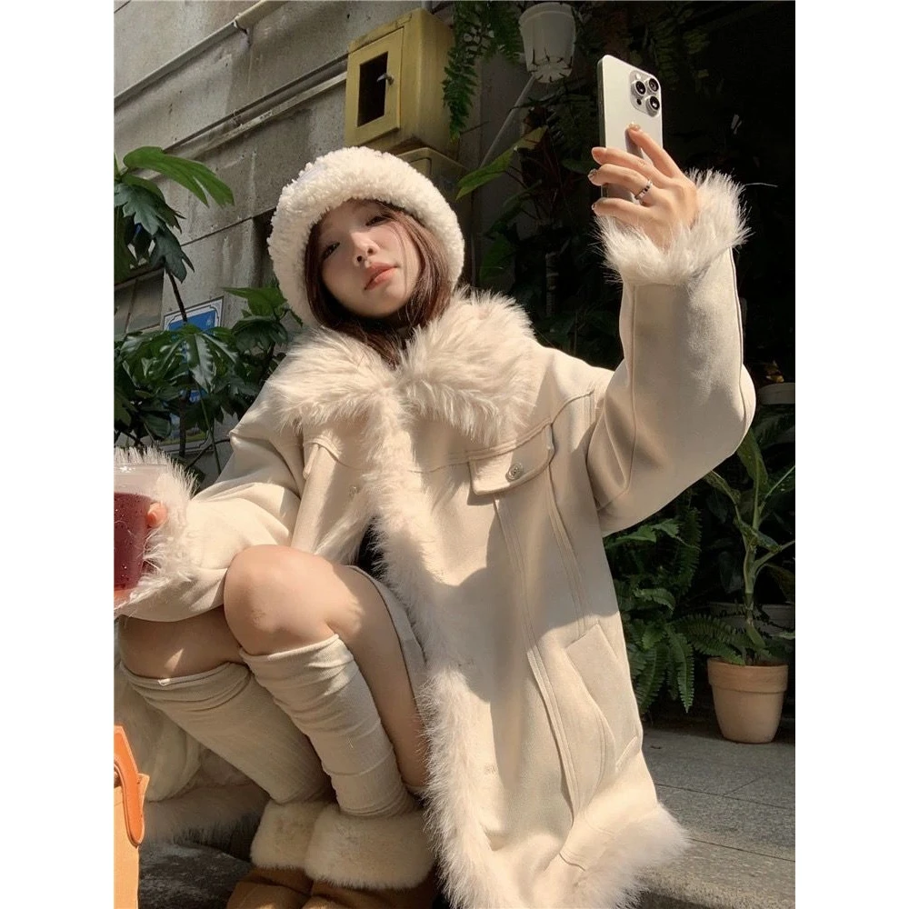 皮毛拼接一体新款翻领毛绒外套冬季中长款加厚保暖上衣