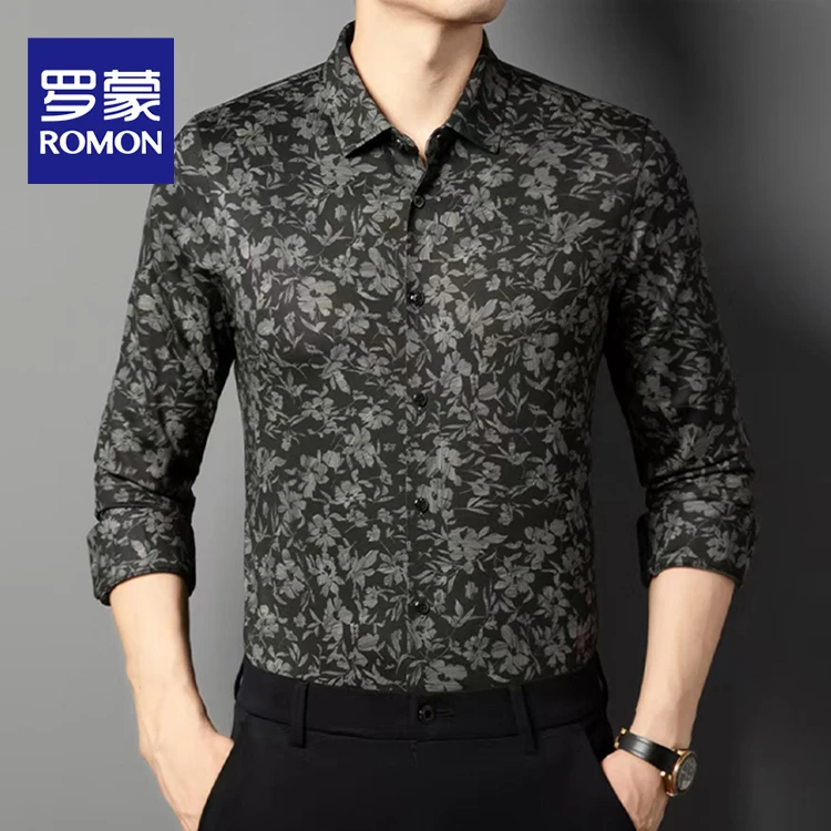 Romon/罗蒙秋季长袖男士印花拼接耐磨商务休闲风衬衫休闲修身上衣