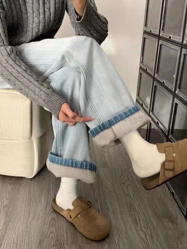 【顾】加绒加厚立体解构宽松阔腿裤拖地牛仔裤长裤女百搭显瘦