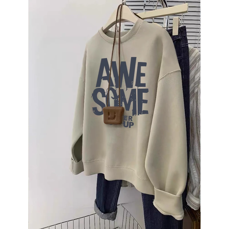 圆领套头打底衫加绒加厚卫衣女2025秋冬新款宽松韩版外套春秋薄款