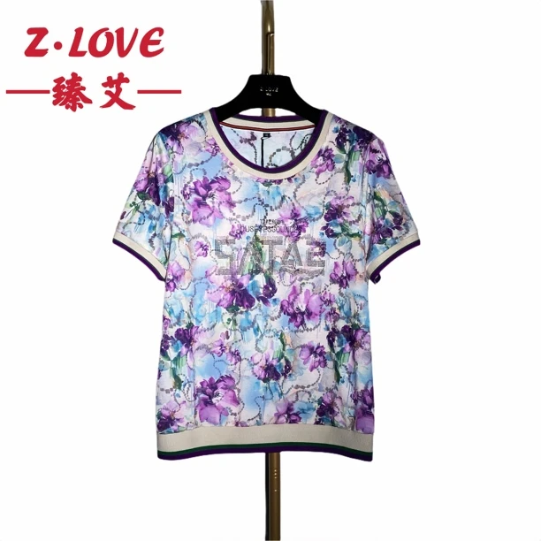 【紫钟意你】7039圆领款印花常规短袖烫钻T恤女士休闲春夏中老年