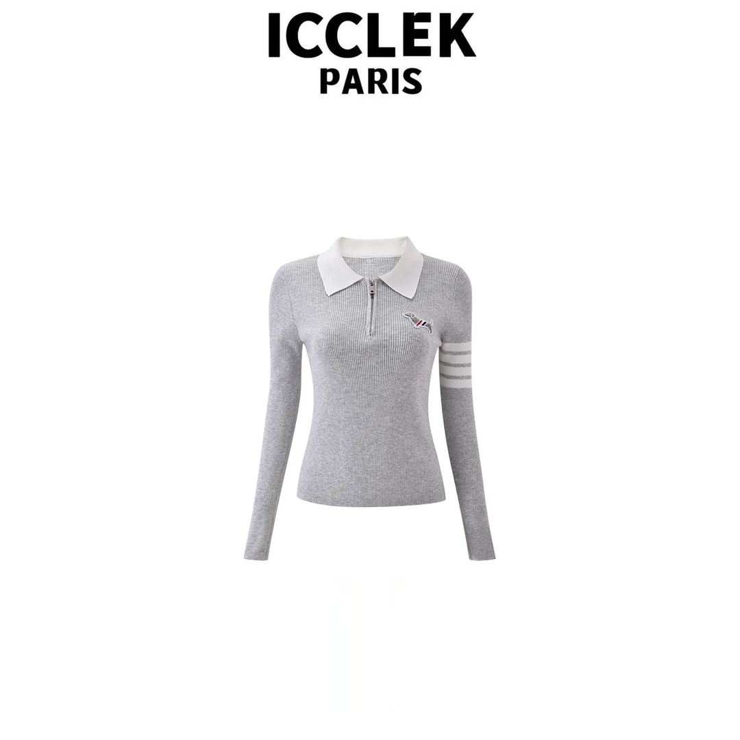 ICCLEK 灰色白翻领条纹针织名媛气质秋冬减龄百搭显瘦上衣 - 9192