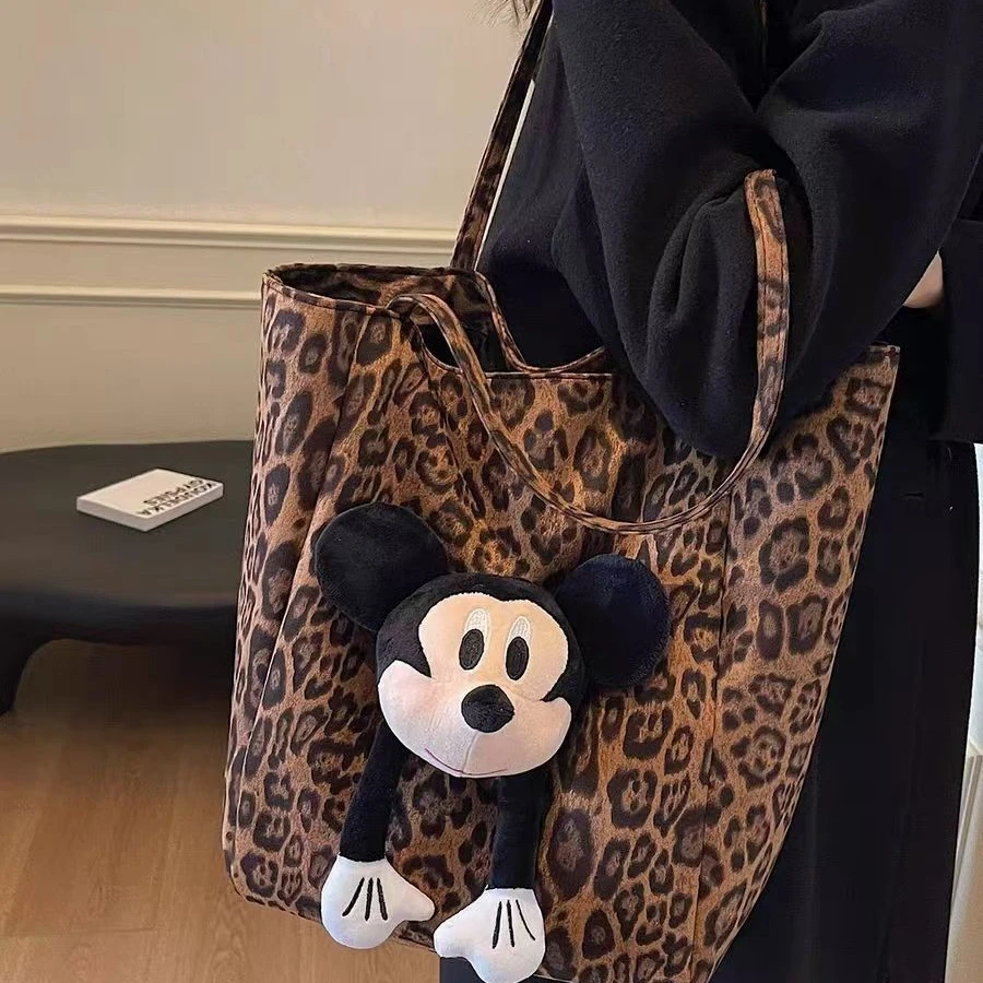 网红大容量豹纹帆布包包米奇新款通勤单肩卡通通勤手提袋手提包女