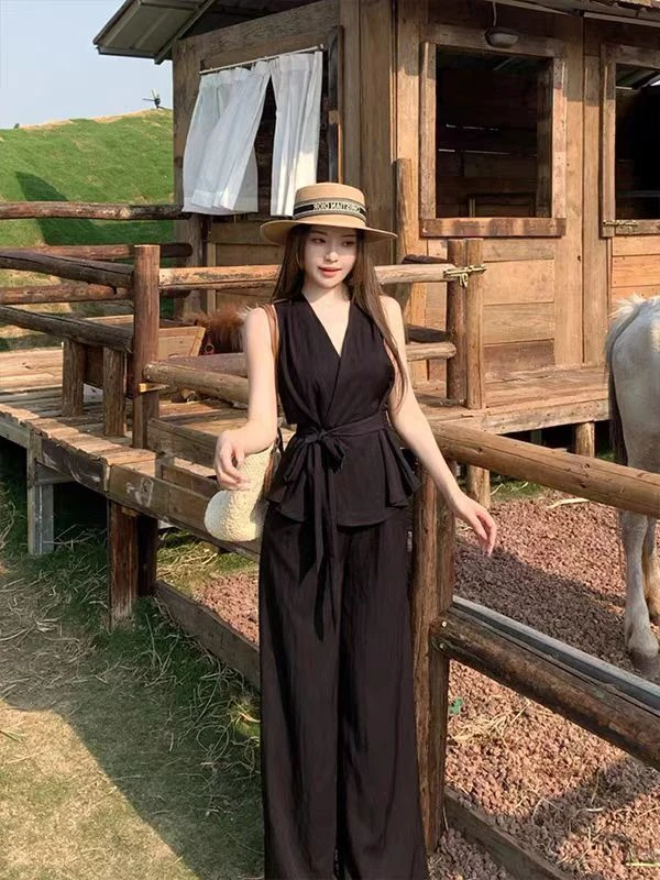 X1018#INS风夏季新款时尚气质无袖上衣绑带阔腿裤套装