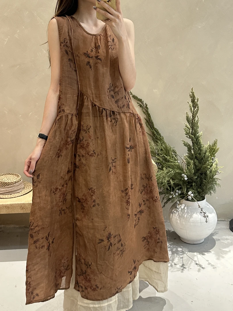 苎麻碎花圆领长裙连衣裙印花汉服民族风无袖连衣裙