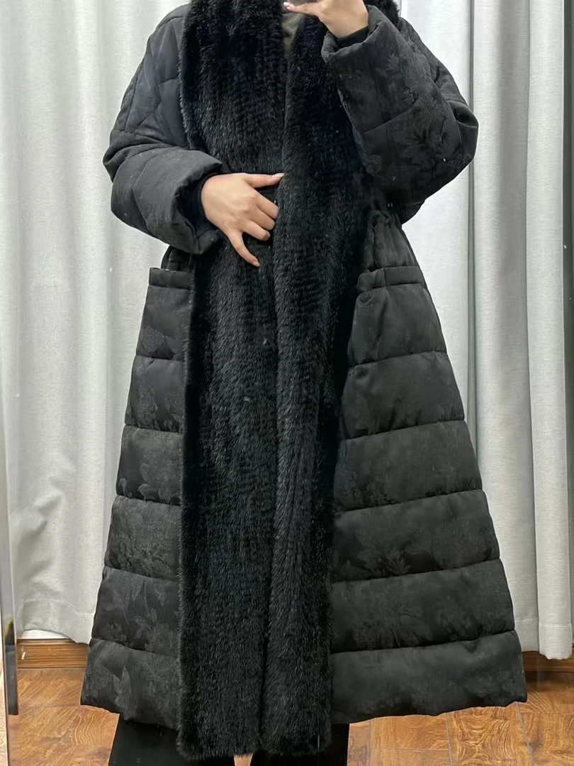 2063水貂拼接鹅绒服女款轻奢羽绒服百搭保暖加厚冬季长款