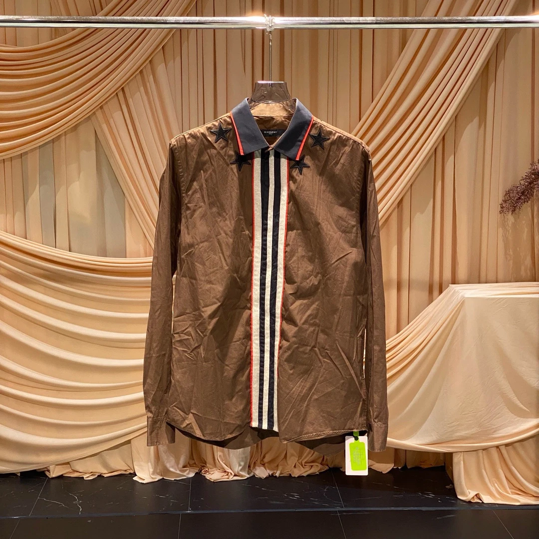99新 Givenchy/纪梵希 棕色刺绣五角星条纹衬衫/43码/JM37762