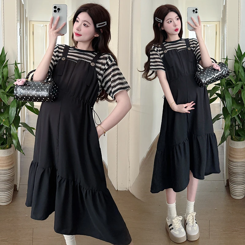 孕妇装连衣裙夏季2025年新款韩版减龄条纹拼接假两件显瘦连衣裙子