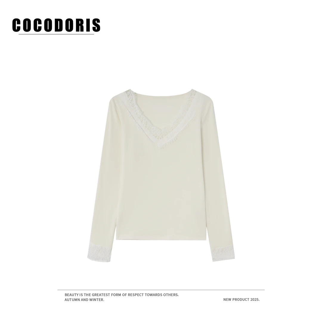 COCO DORIS 2025新款纯色V领蕾丝套头打底衫秋冬休闲百搭上衣2529