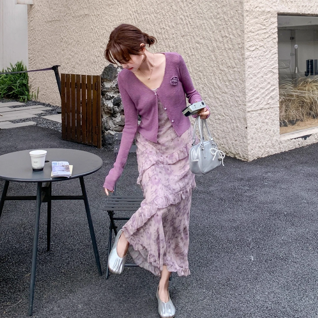 紫色荷叶边吊带连衣裙套装女夏2025新款法式度假风开衫长裙两件套