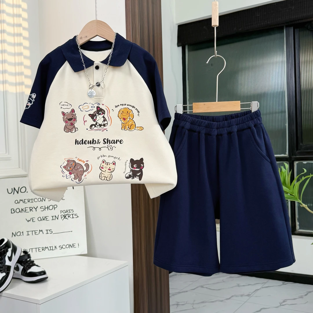 【夏季新款】男女宝儿童polo领短袖短裤套装潮流两件套时尚