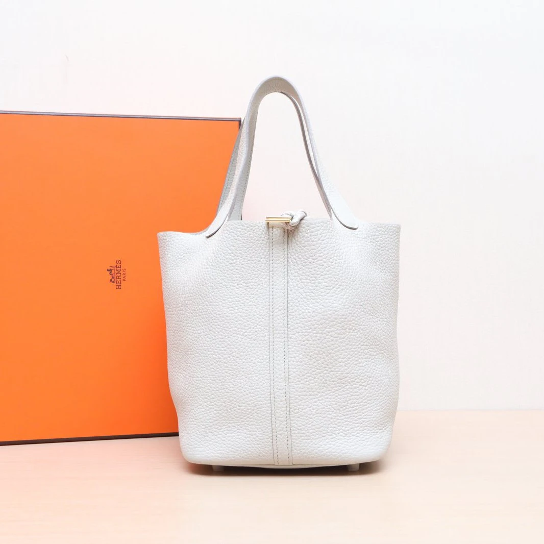 95新 Hermes/爱马仕 小花Jerry活动22 菜篮子冰川白TC皮 A刻 金扣