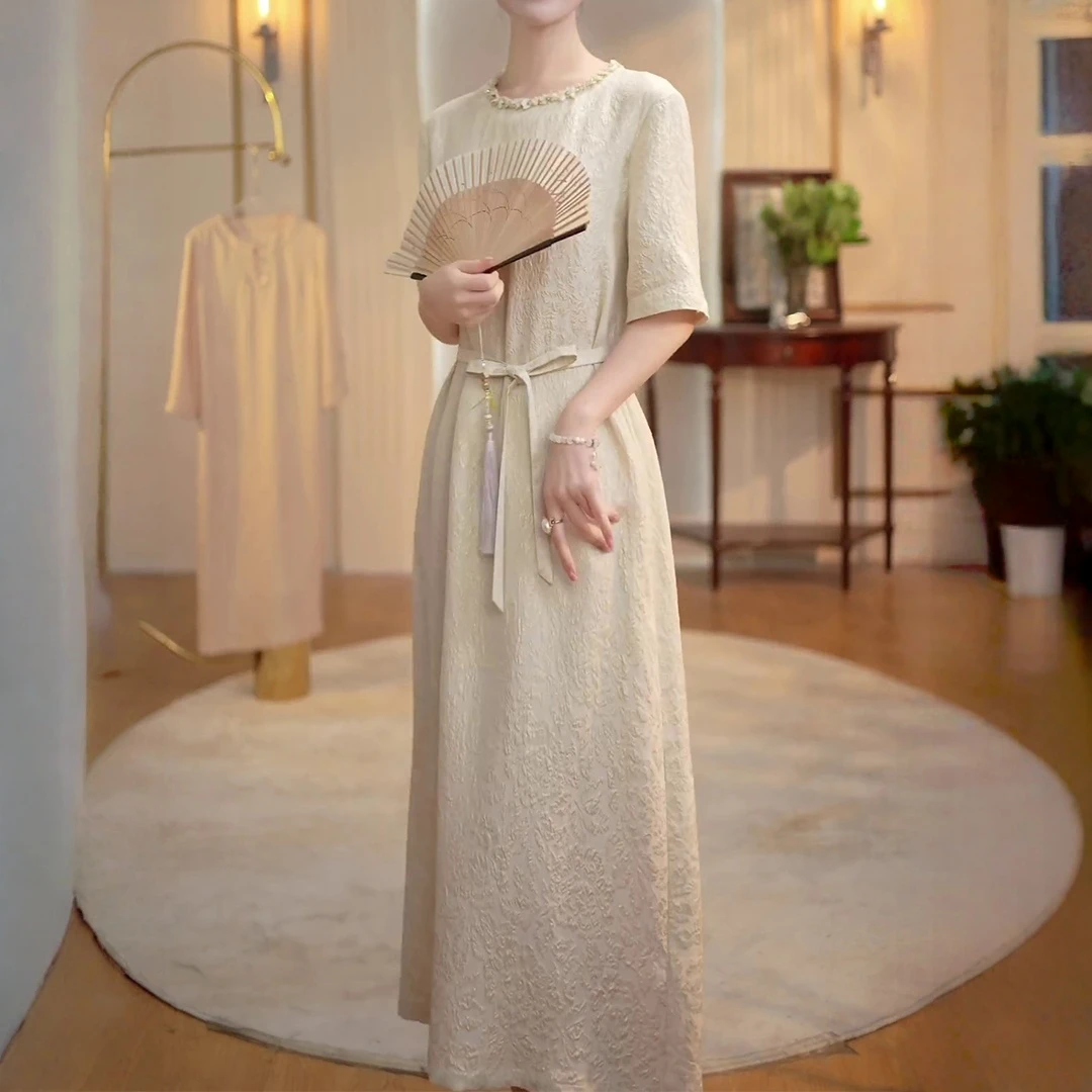 轻奢气质减龄短袖连衣裙女夏季2025新款洋气显瘦百搭休闲中长裙子