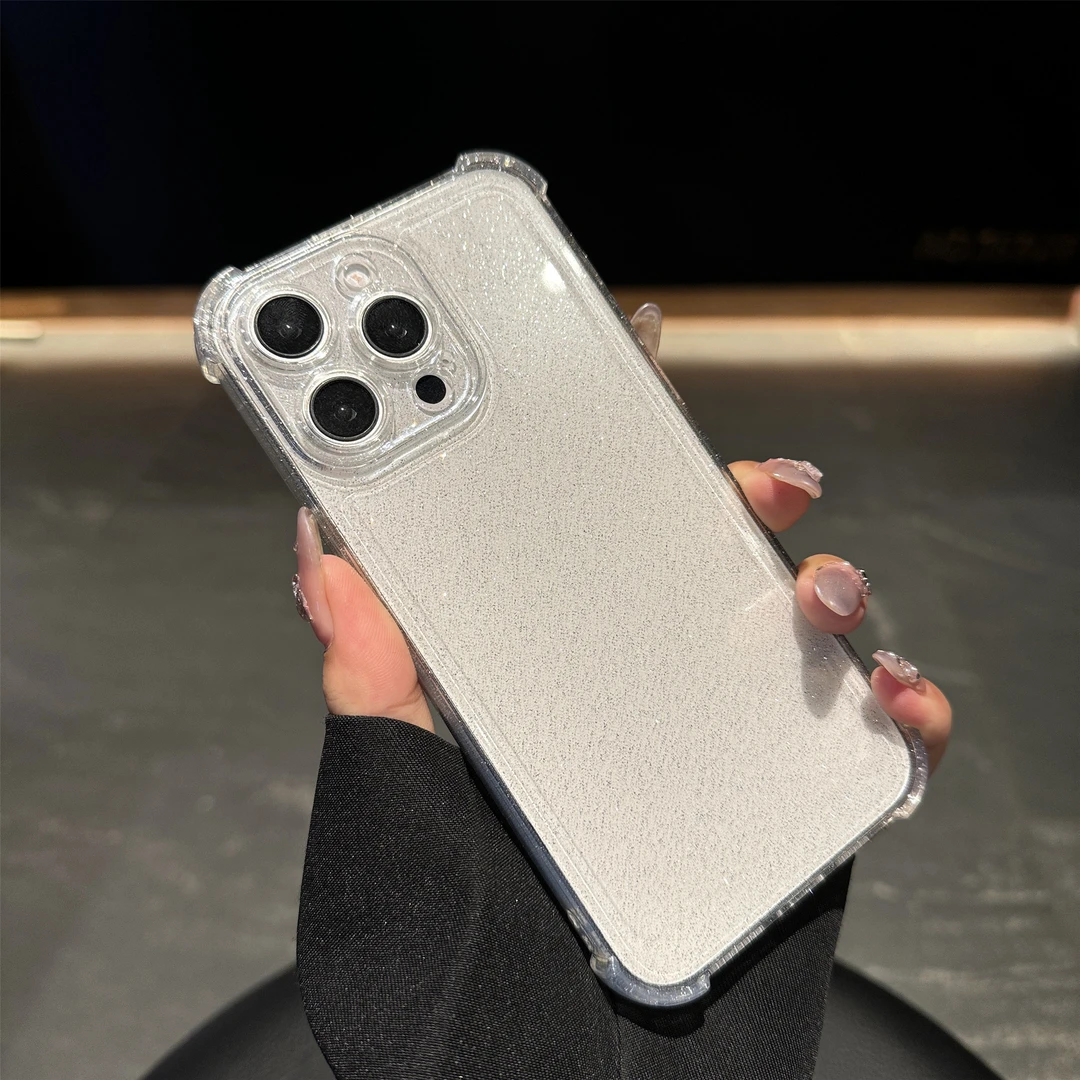 四角气囊防摔适用苹果15promax透明闪粉手机壳全包13/14/16pro软