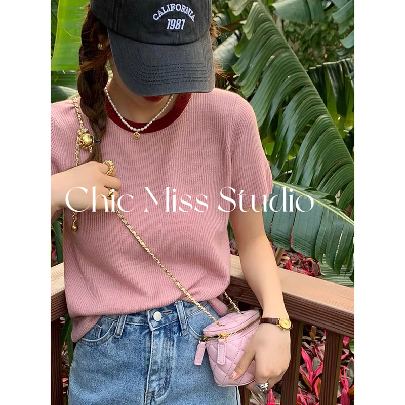 【粉色】3690超柔软高品质圆领撞色针织毛衣