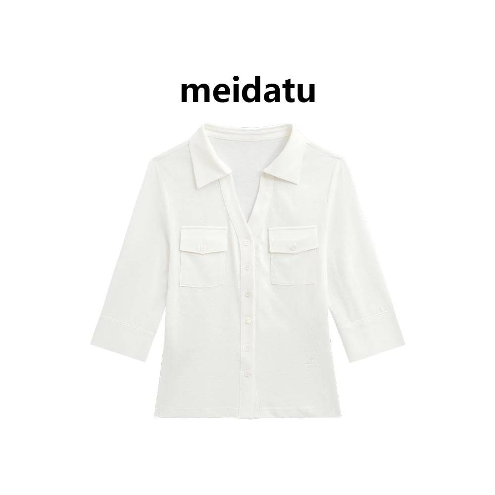 美哒兔(韩女滤镜)高智感时髦中袖翻领上衣(小个子版)CD771-Q