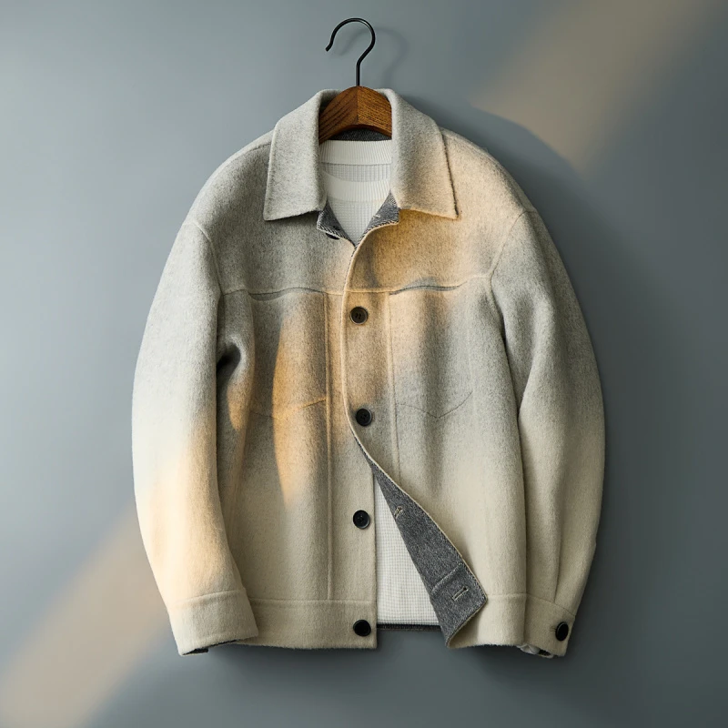 FANCBUDY秋冬短款双面呢羊毛大衣男高端韩版休闲翻领毛呢大衣夹克