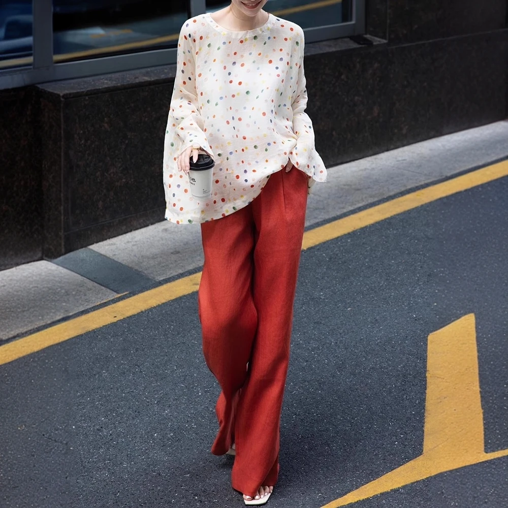 独特绝美夏天套装女2025新款时尚白色波点圆领上衣高腰长裤两件套