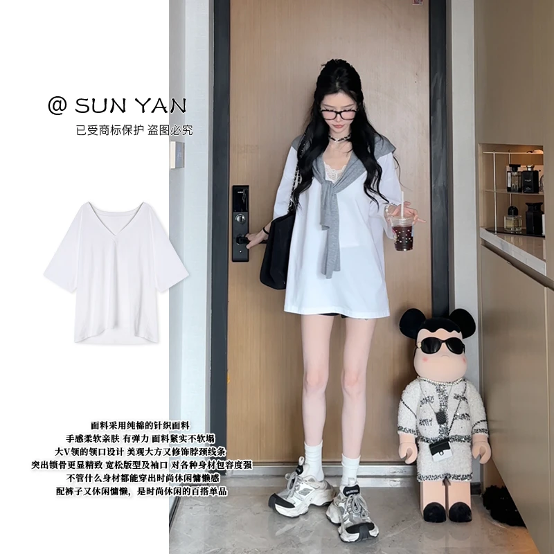 孙妍3.20新款【面膜大T】设计感V领宽松短袖大板T恤百搭时尚