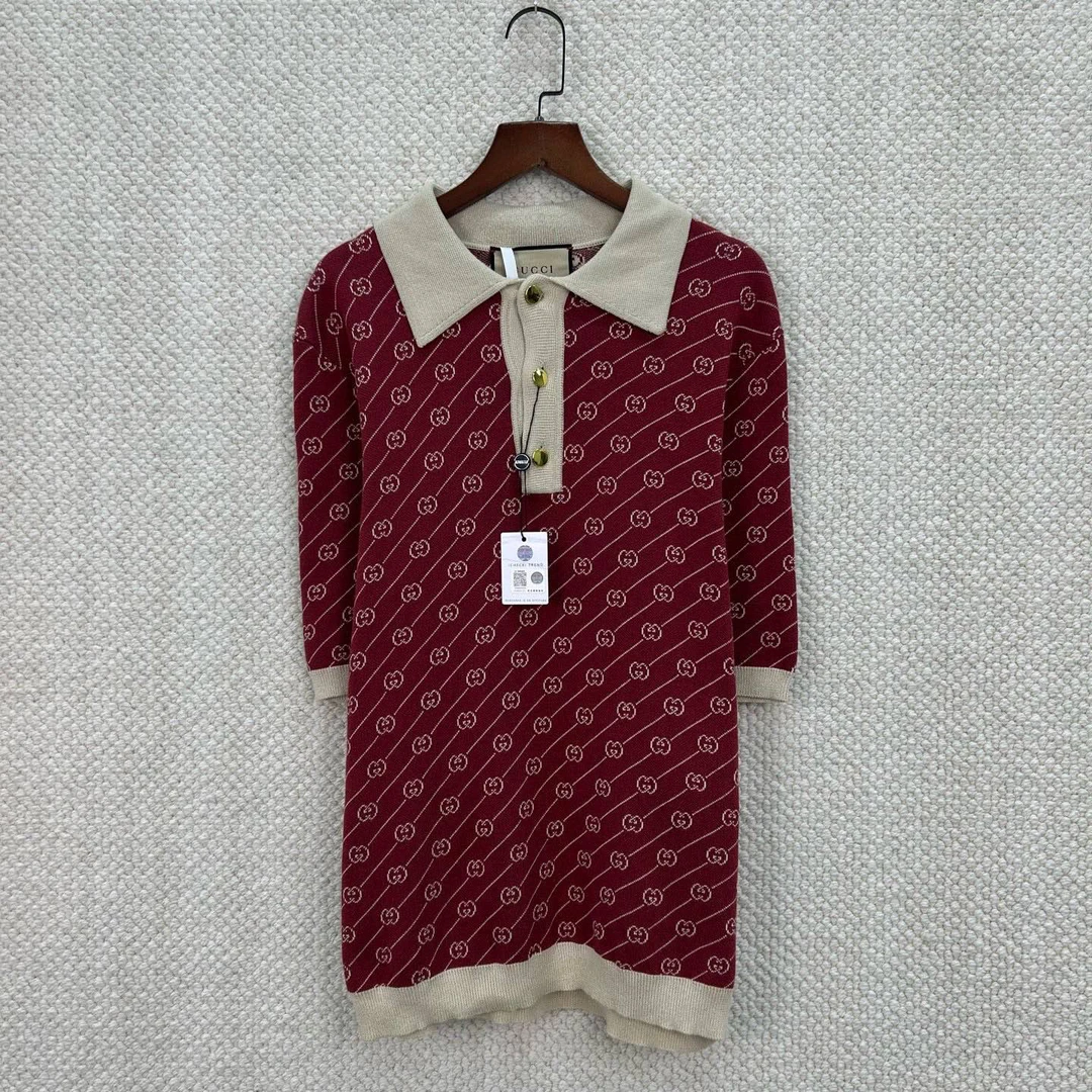 99新 GUCCI/古驰 Gucci古驰 24ss红色logo满印针织polo衫