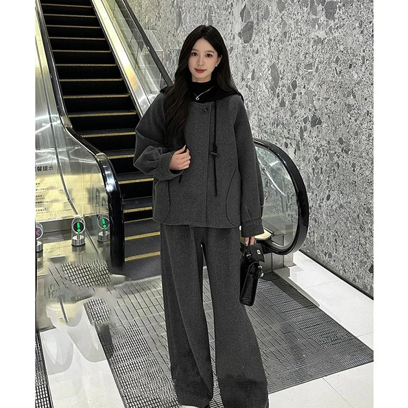 时尚连帽宽松外套高腰阔腿裤两件套女2024秋冬季新款休闲气质套装