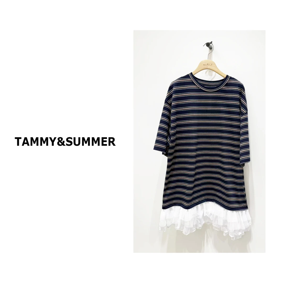 【Tammy&Summer】条纹撞色拼接蕾丝花边下摆圆领休闲T恤裙258155