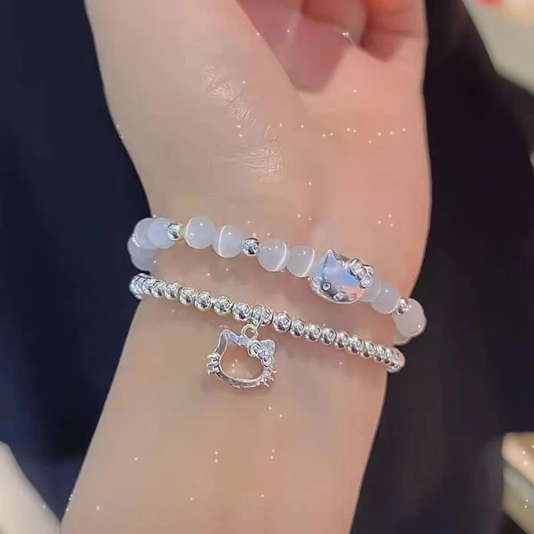足银手链 足银999凯蒂猫可爱精致女生情侣小众简约闺蜜ins弹力