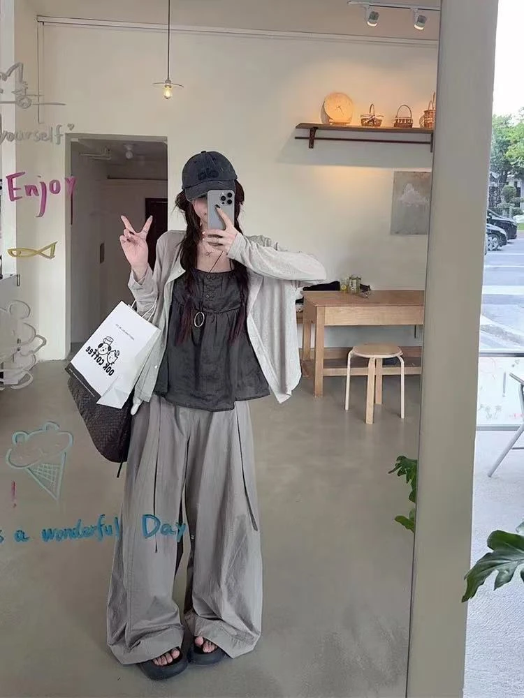 甜菜大码松驰感穿搭长袖开衫内搭吊带阔腿休闲裤女夏季时尚套装潮