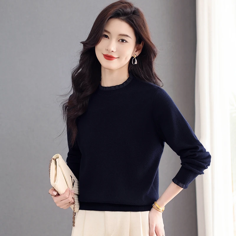 秋冬圆领女减龄长袖2025年新款宽松显瘦漂亮针织百搭打底衫上衣