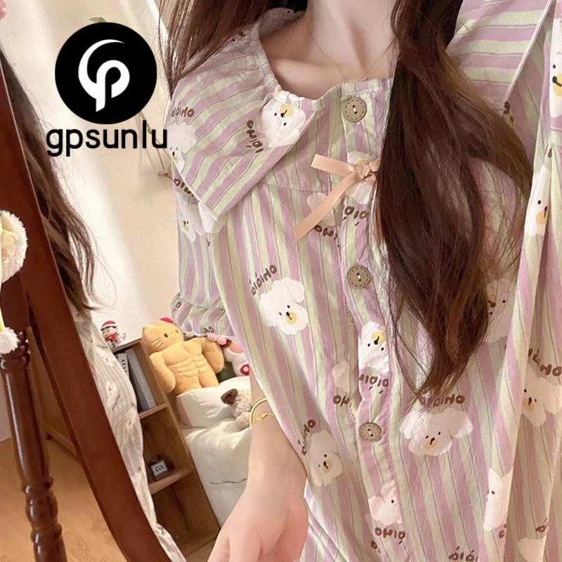 GPSUNLU灰绿条睡裙夏款少女感可爱中长款韩版睡衣裙夏季可外穿